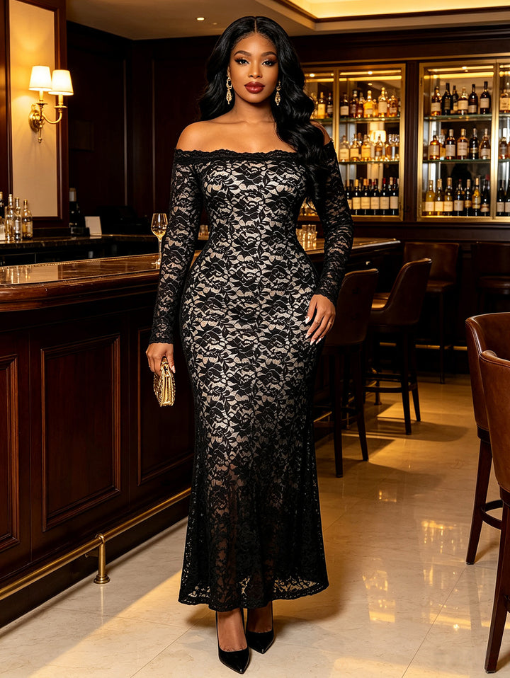 Lace Off Shoulder Long Sleeve Slim Fit Maxi Vintage Dress