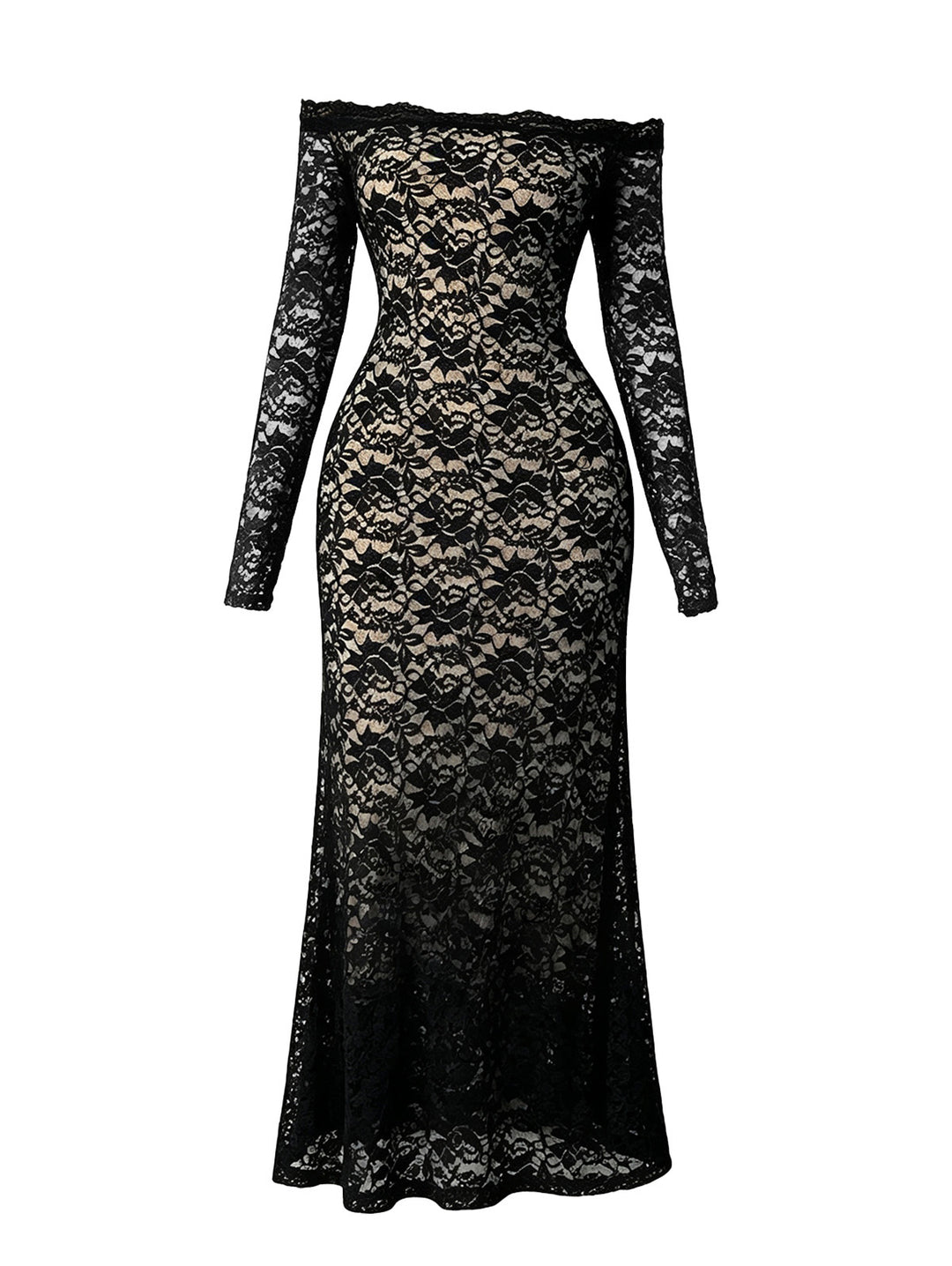 Lace Off Shoulder Long Sleeve Slim Fit Maxi Vintage Dress