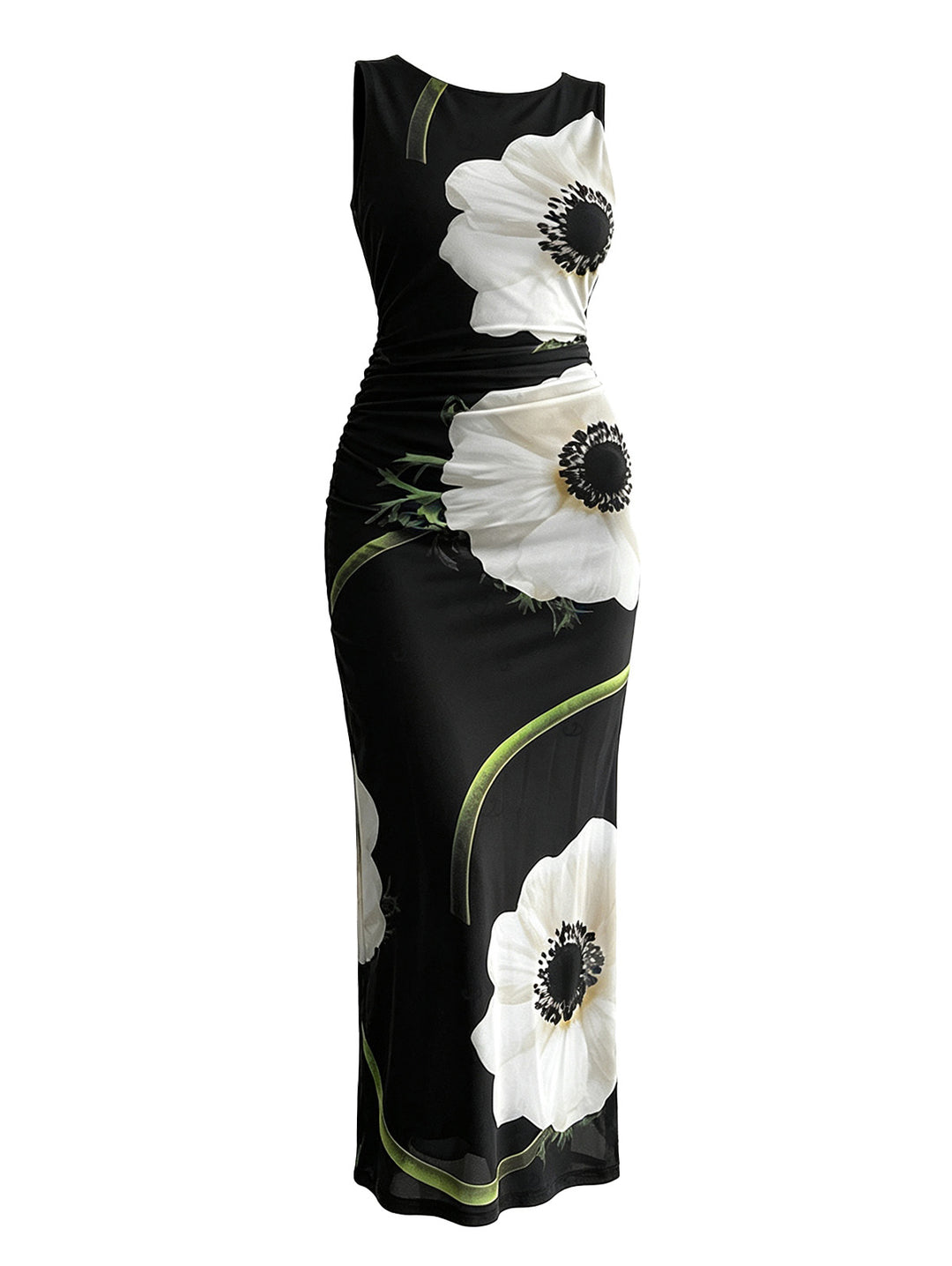 Floral Print Mesh Panel Bodycon Maxi Dress