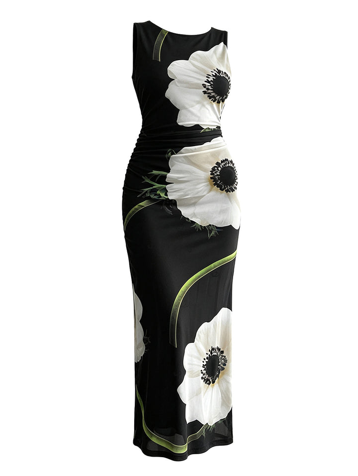 Floral Print Mesh Panel Bodycon Maxi Dress