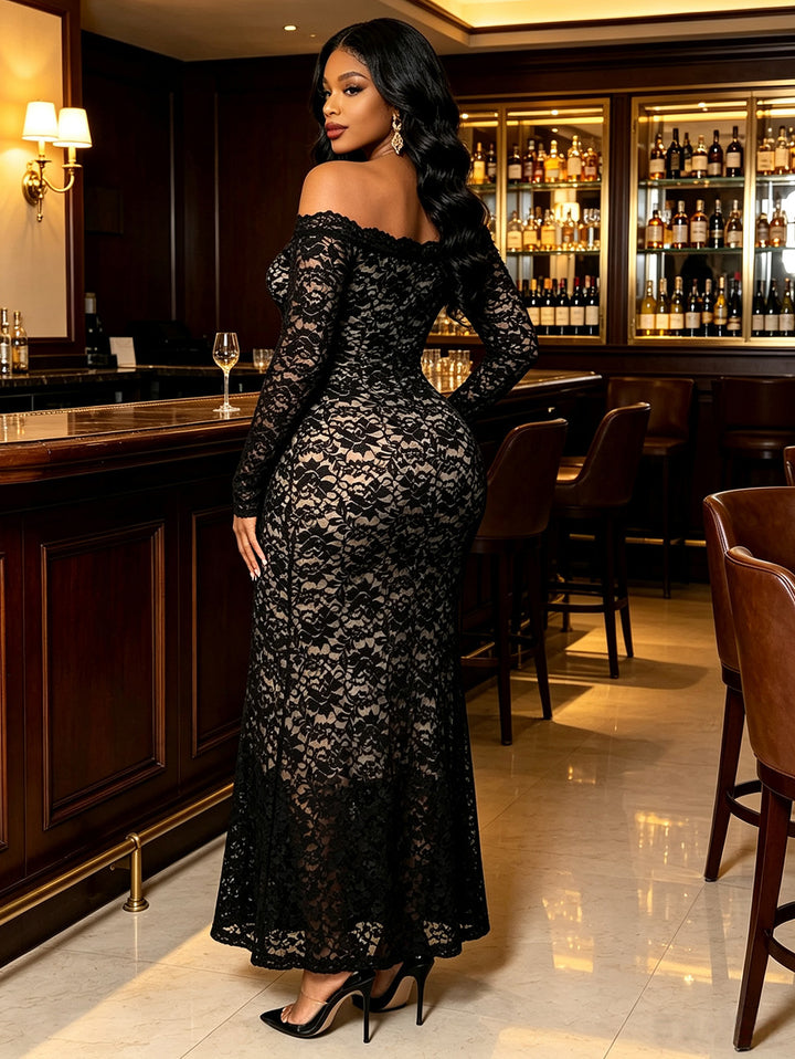 Lace Off Shoulder Long Sleeve Slim Fit Maxi Vintage Dress