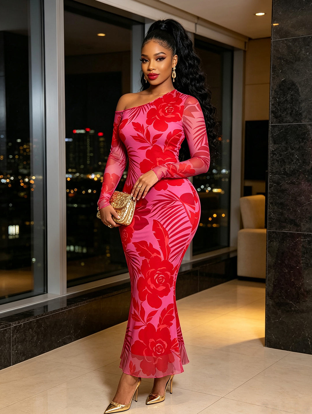 Rose Floral Leaf Print Mesh Skew Neck Long Sleeve Bodycon Dress