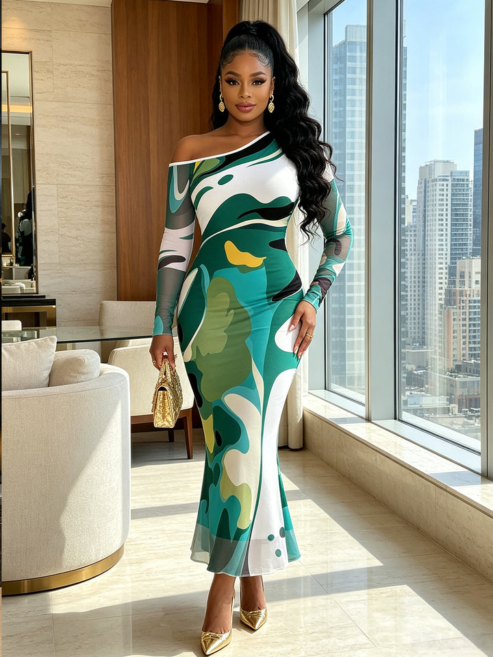 Abstract Art Green Tone Blur Dye Print Skew Neck Mesh Long Sleeve Bodycon Dress