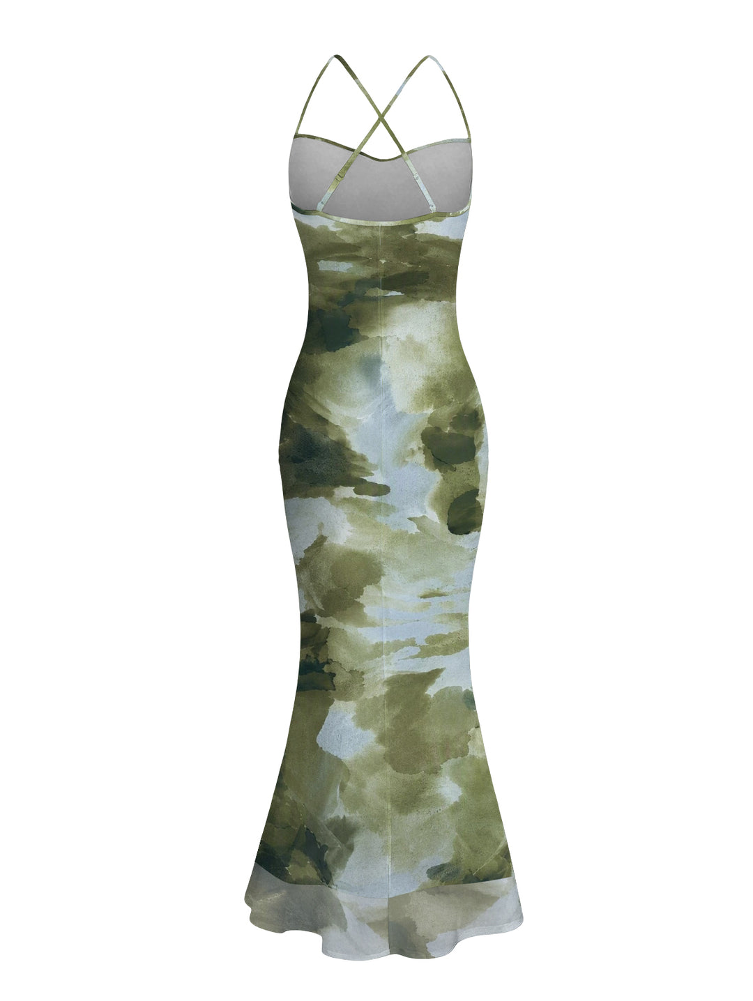 Ink Painting Tie Dye Print Crisscross Mermaid Bodycon Vintage Party Dress