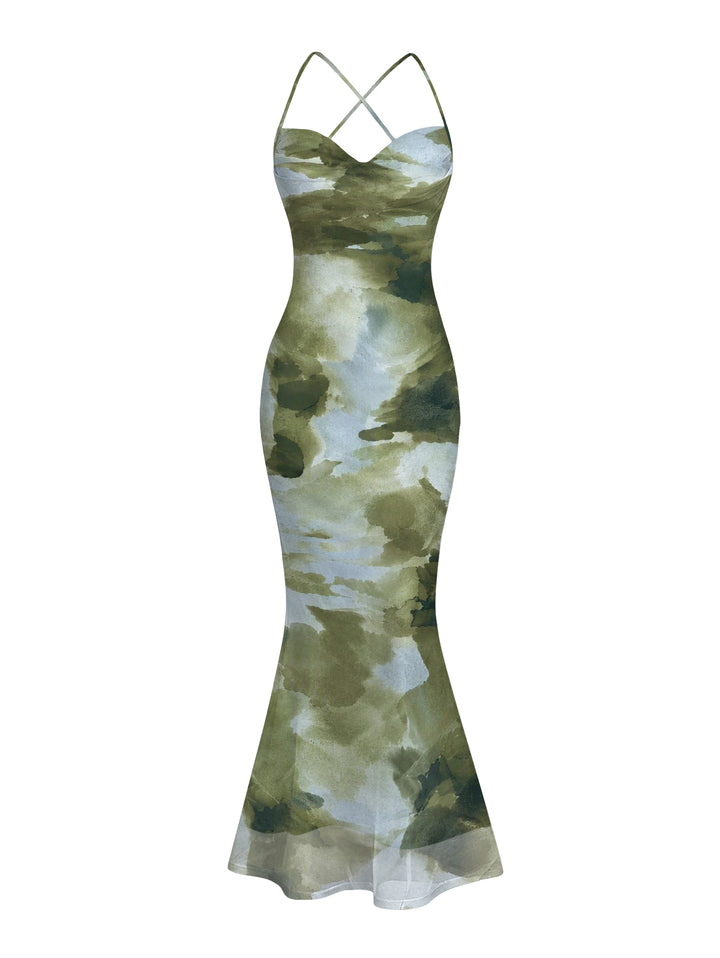 Ink Painting Tie Dye Print Crisscross Mermaid Bodycon Vintage Party Dress