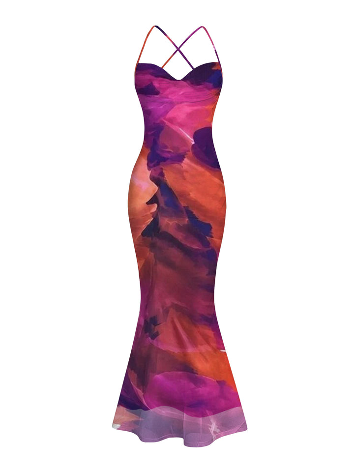 Ink Painting Tie Dye Print Crisscross Mermaid Bodycon Vintage Party Dress
