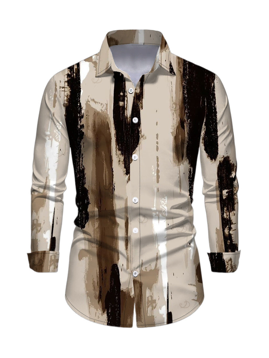 Men's Art Graffiti Ink Wash Print Button Up Long Sleeve Shirt