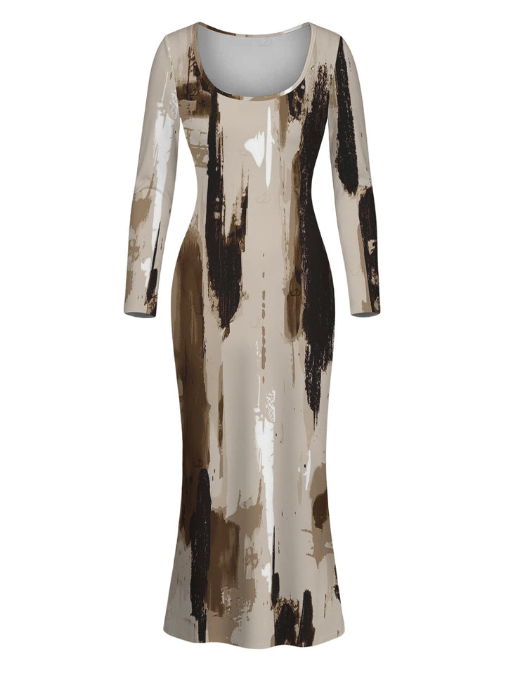 Art Graffiti Ink Wash Print Scoop Neck Long Sleeve Bodycon Dress