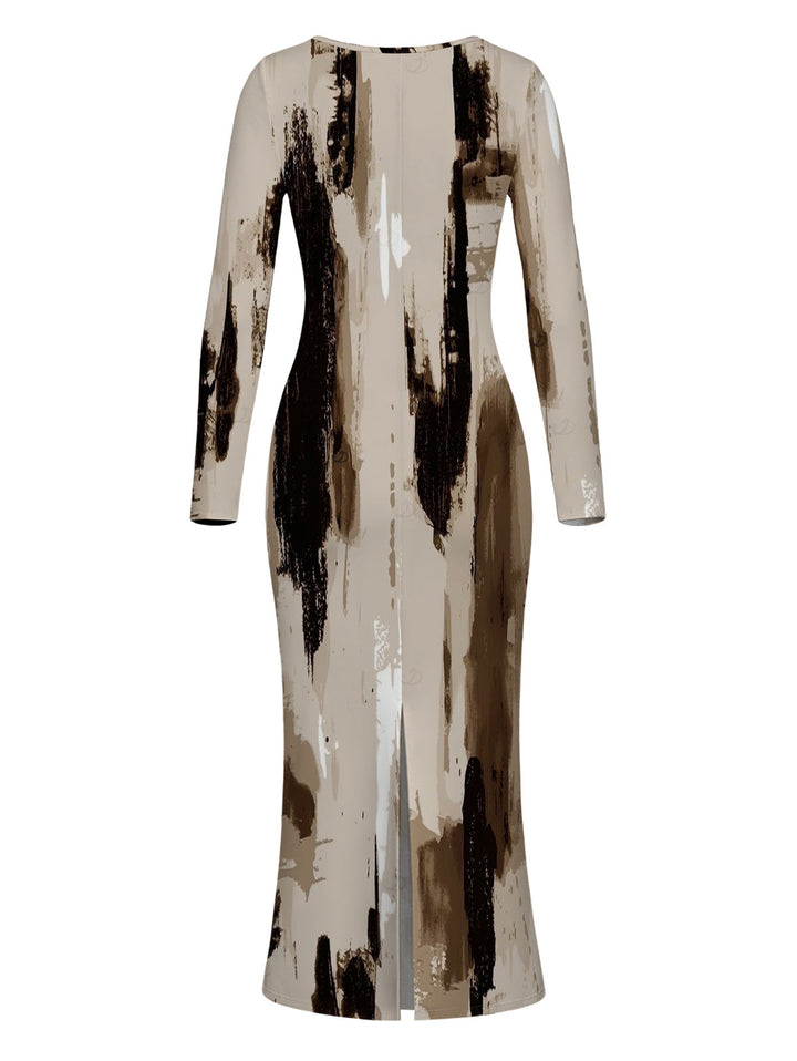 Art Graffiti Ink Wash Print Scoop Neck Long Sleeve Bodycon Dress