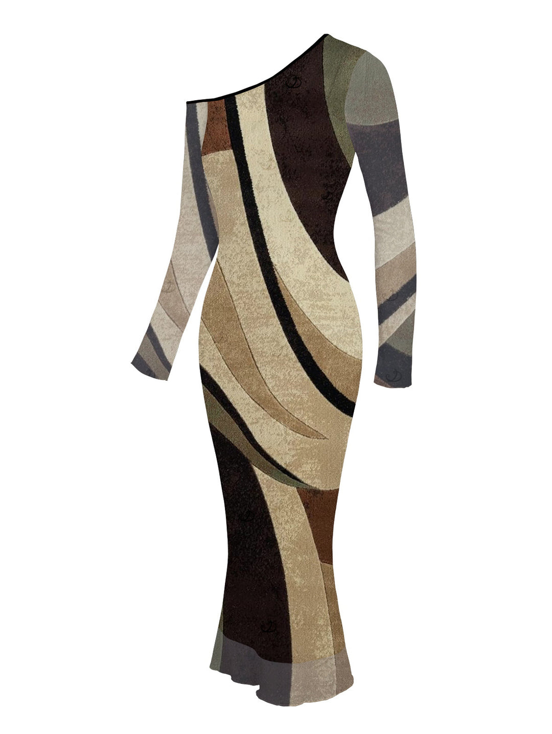 Colorblock Geometric Diagonal Stripe Print Skew Neck Mesh Long Sleeve Bodycon Dress