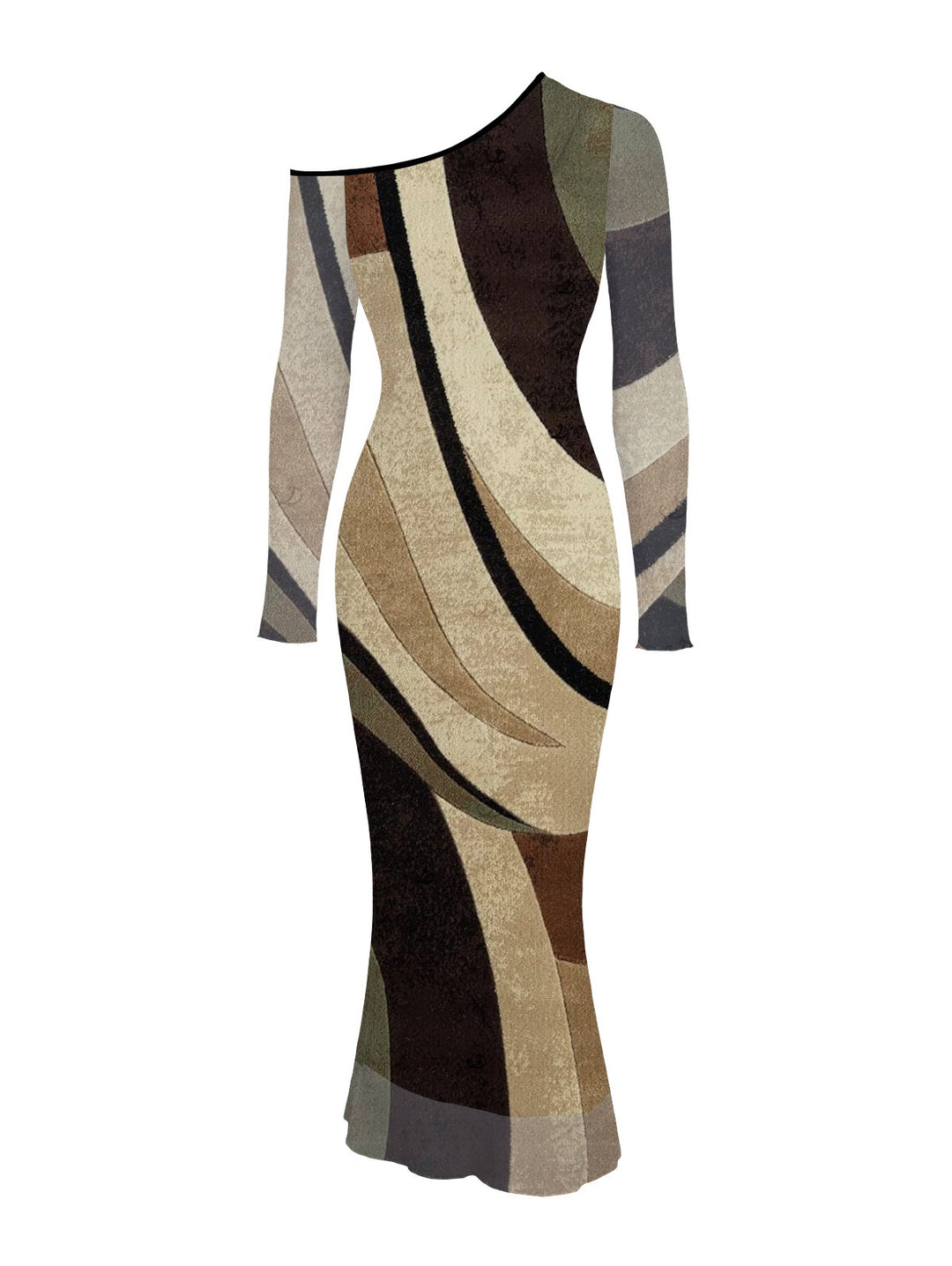 Colorblock Geometric Diagonal Stripe Print Skew Neck Mesh Long Sleeve Bodycon Dress