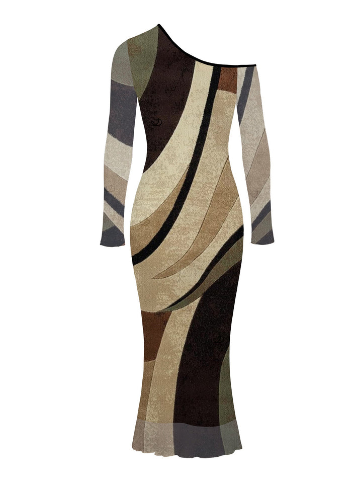 Colorblock Geometric Diagonal Stripe Print Skew Neck Mesh Long Sleeve Bodycon Dress