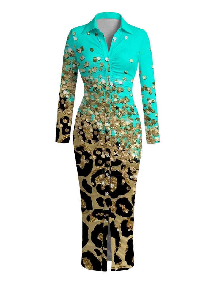Ombre Leopard Sequin Print Ruched Turn Down Collar Button Up Bodycon Shirt Dress