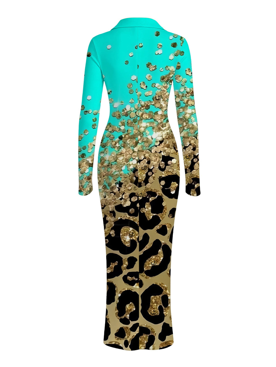 Ombre Leopard Sequin Print Ruched Turn Down Collar Button Up Bodycon Shirt Dress