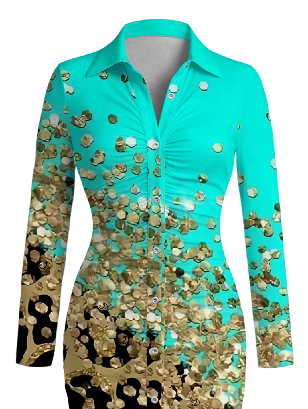 Ombre Leopard Sequin Print Ruched Turn Down Collar Button Up Bodycon Shirt Dress