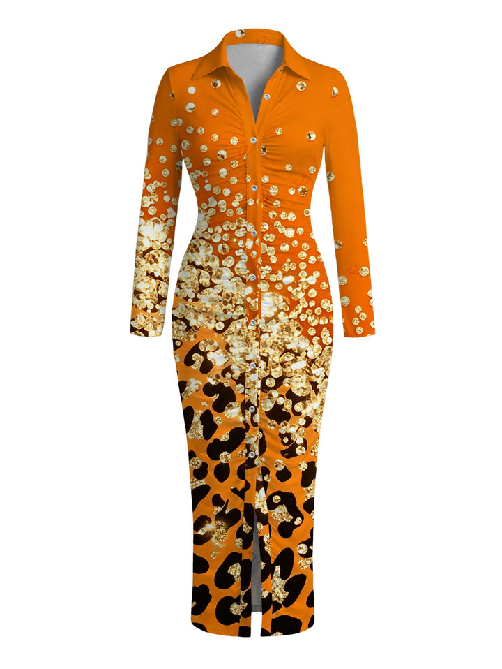 Ombre Leopard Sequin Print Ruched Turn Down Collar Button Up Bodycon Shirt Dress