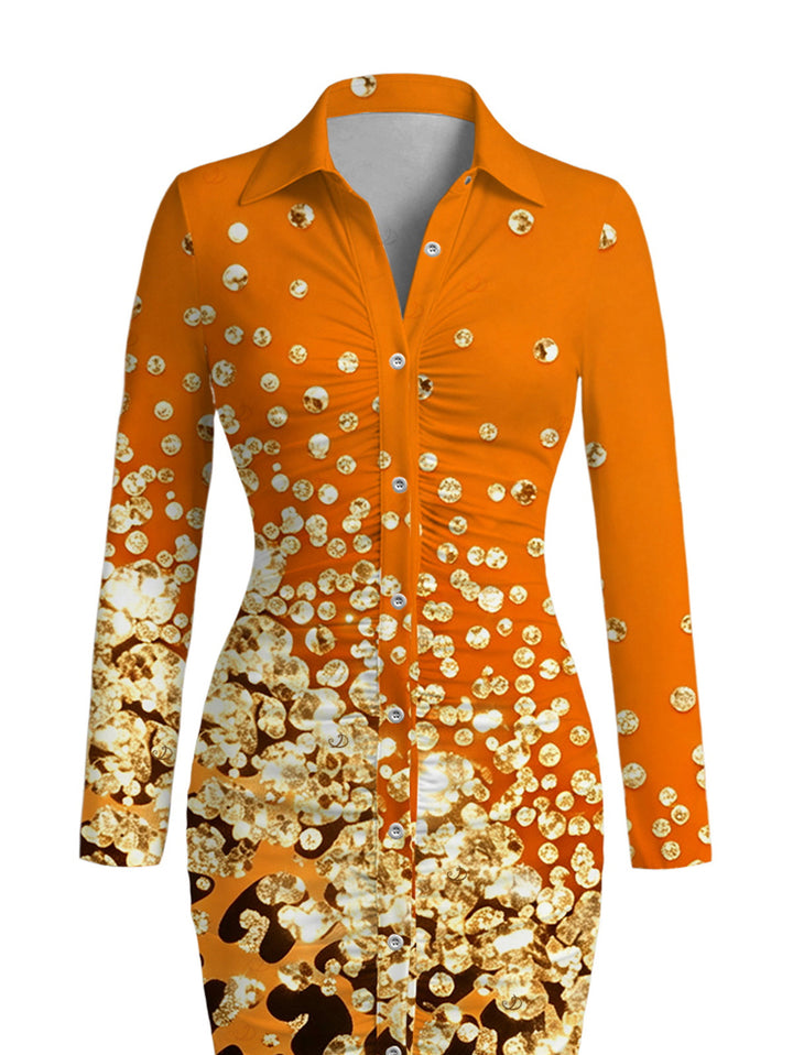 Ombre Leopard Sequin Print Ruched Turn Down Collar Button Up Bodycon Shirt Dress