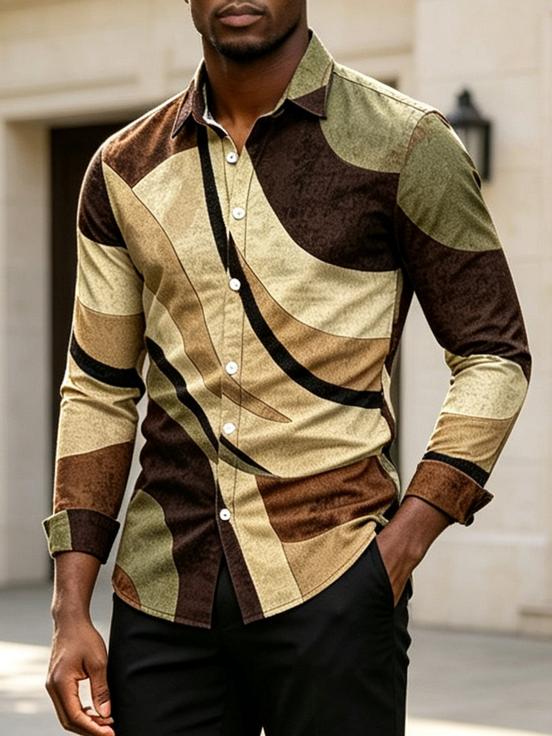 Men's Colorblock Geometric Diagonal Stripe Print Button Up Long Sleeve Shirt