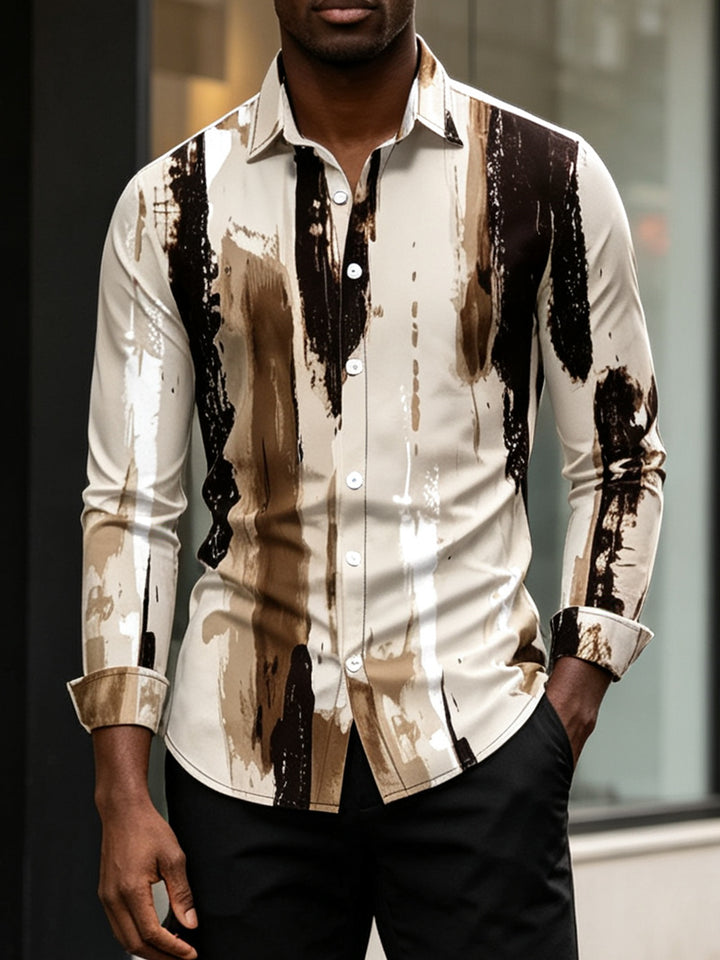 Men's Art Graffiti Ink Wash Print Button Up Long Sleeve Shirt