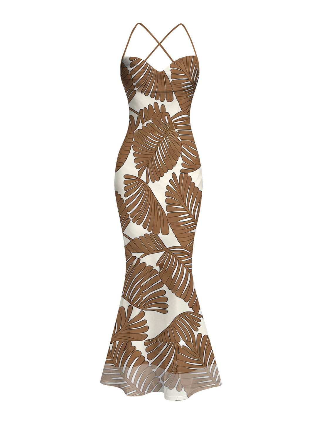 Tropical Palm Leaf Print Crisscross Ruched Mesh Bodycon Beach Vacation Dress