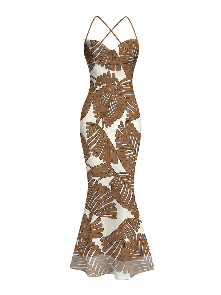 Tropical Palm Leaf Print Crisscross Ruched Mesh Bodycon Beach Vacation Dress