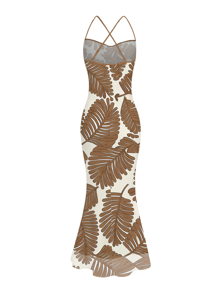 Tropical Palm Leaf Print Crisscross Ruched Mesh Bodycon Beach Vacation Dress