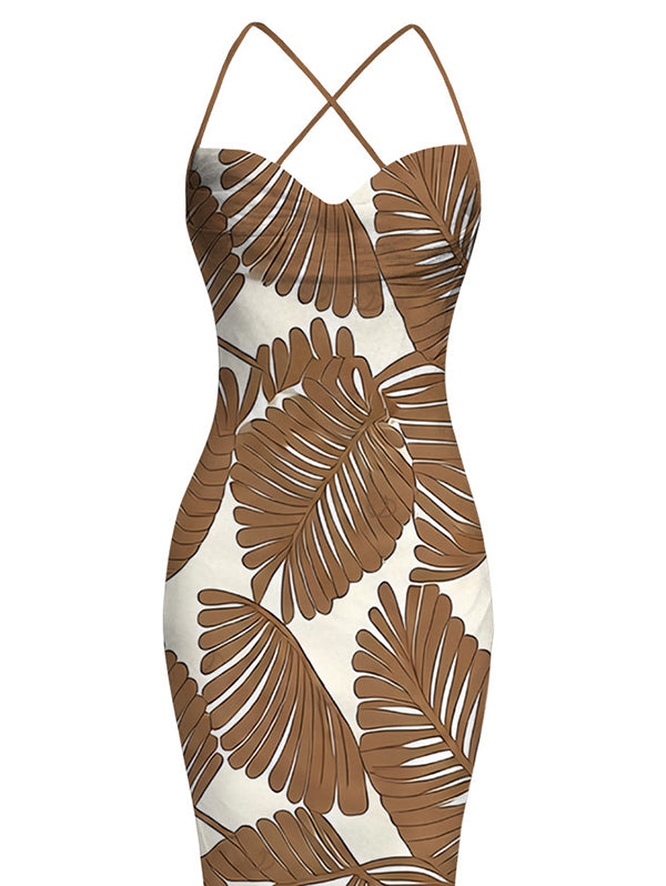 Tropical Palm Leaf Print Crisscross Ruched Mesh Bodycon Beach Vacation Dress