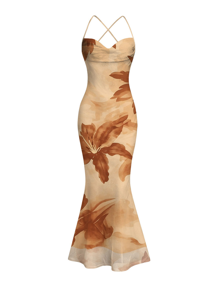 Lily Floral Print Crisscross Ruched Mesh Bodycon Hawaiian Vacation Dress