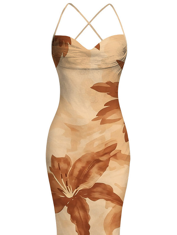 Lily Floral Print Crisscross Ruched Mesh Bodycon Hawaiian Vacation Dress