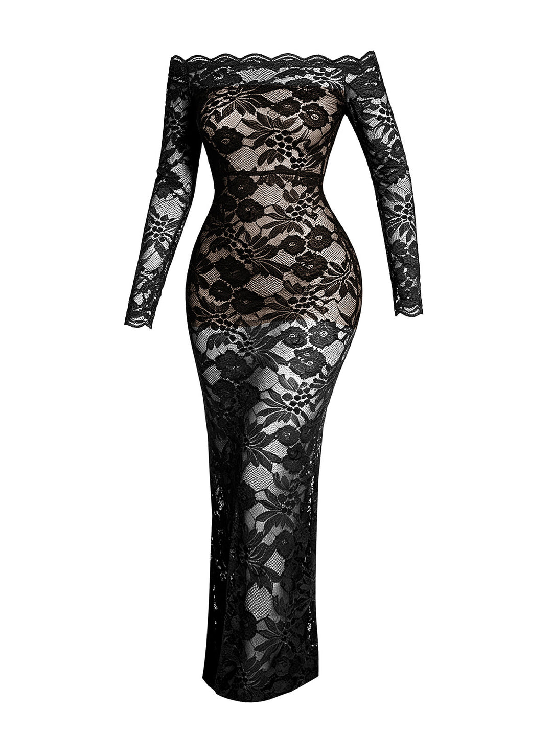 See Thru Rose Floral Lace Panel Scalloped Off the Shoulder Long Sleeve Bodycon Dress