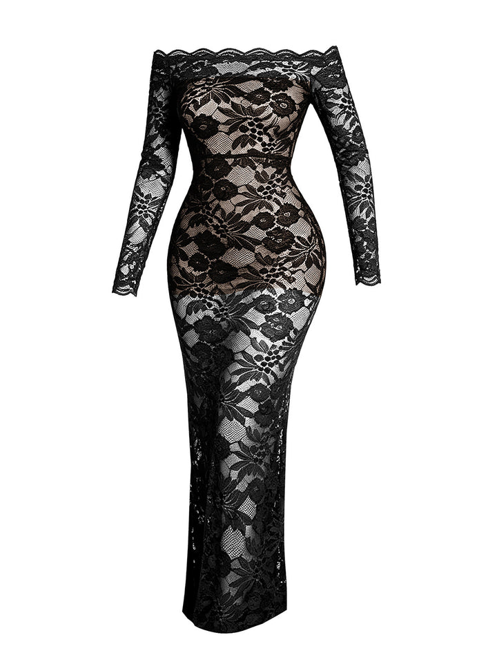 See Thru Rose Floral Lace Panel Scalloped Off the Shoulder Long Sleeve Bodycon Dress