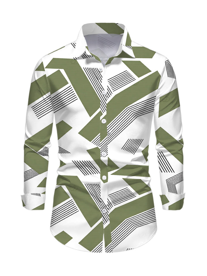 Men's Colorblock Geometric Striped Print Button Up Long Sleeve Shirt