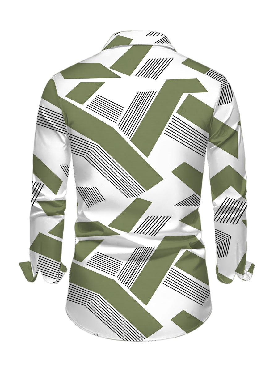 Men's Colorblock Geometric Striped Print Button Up Long Sleeve Shirt