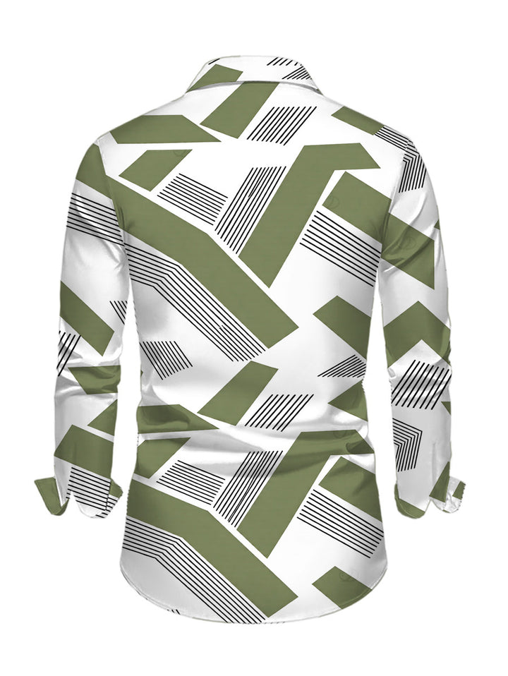 Men's Colorblock Geometric Striped Print Button Up Long Sleeve Shirt