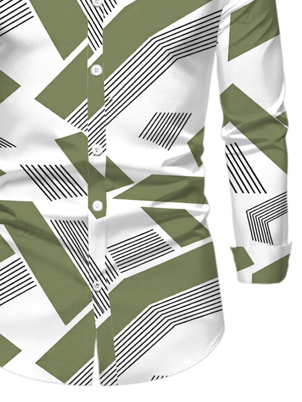 Men's Colorblock Geometric Striped Print Button Up Long Sleeve Shirt