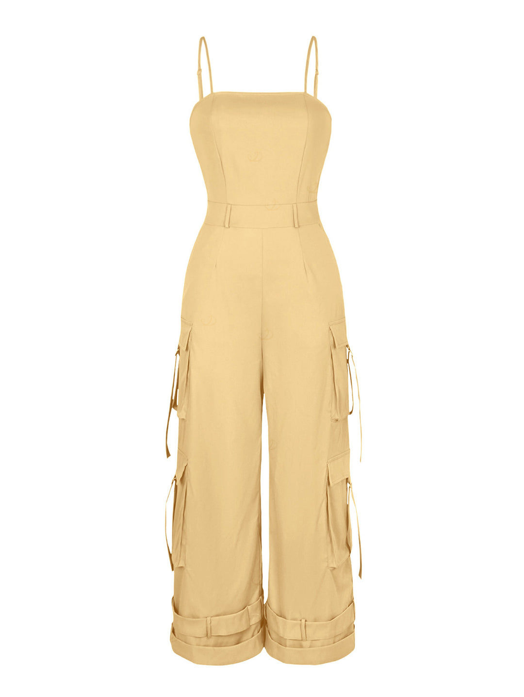 Solid Color Multi-pockets Spaghetti Strap Casual Cargo Jumpsuit