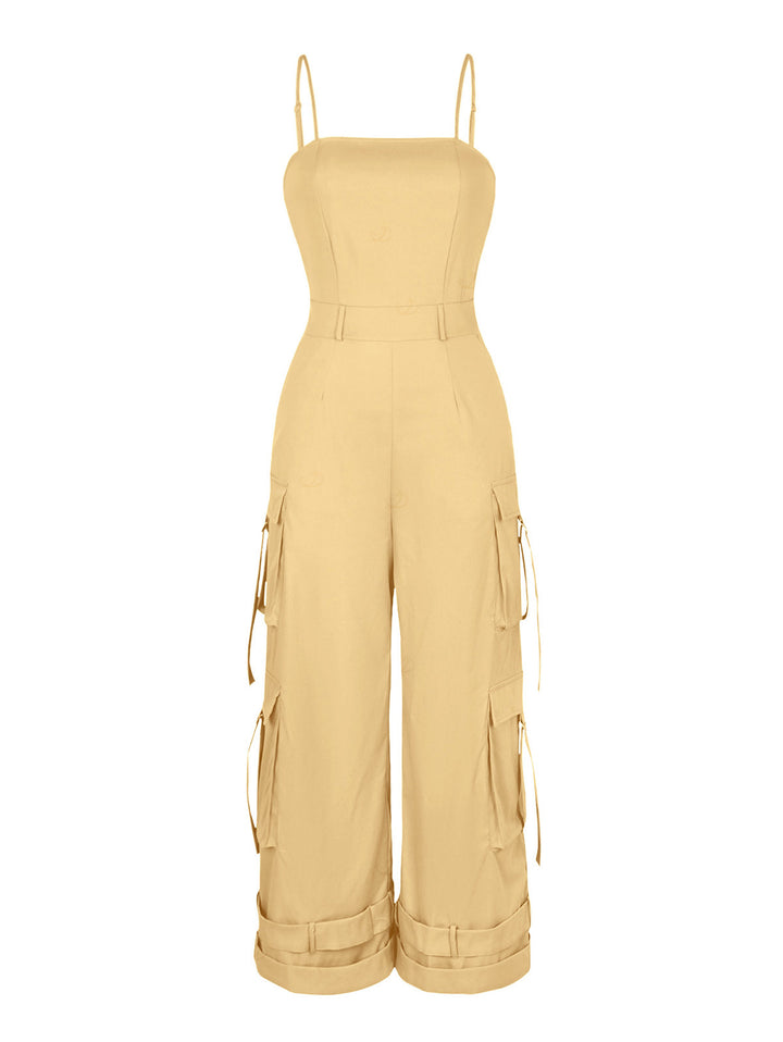 Solid Color Multi-pockets Spaghetti Strap Casual Cargo Jumpsuit