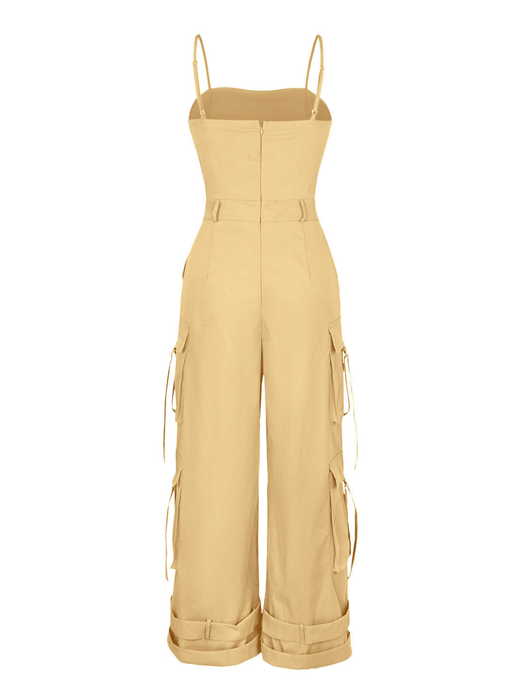 Solid Color Multi-pockets Spaghetti Strap Casual Cargo Jumpsuit