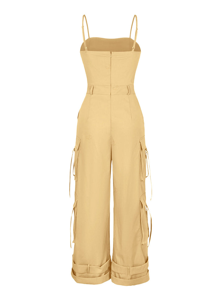 Solid Color Multi-pockets Spaghetti Strap Casual Cargo Jumpsuit