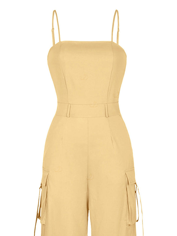 Solid Color Multi-pockets Spaghetti Strap Casual Cargo Jumpsuit