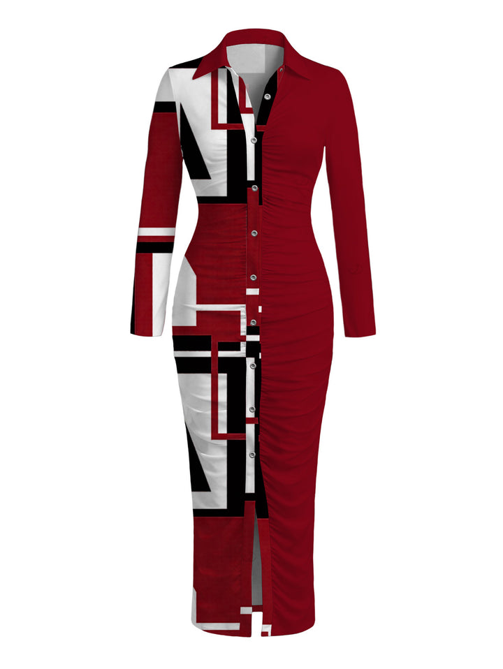 Colorblock Geometric Print Ruched Turn Down Collar Button Up Bodycon Shirt Dress