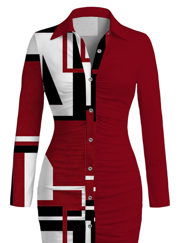 Colorblock Geometric Print Ruched Turn Down Collar Button Up Bodycon Shirt Dress