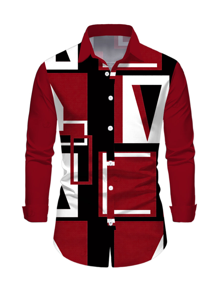 Men's Colorblock Geometric Print Button Up Long Sleeve Shirt