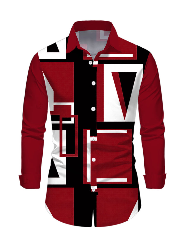 Men's Colorblock Geometric Print Button Up Long Sleeve Shirt