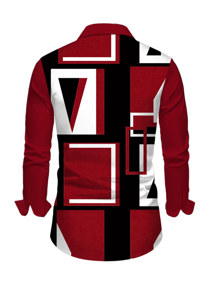 Men's Colorblock Geometric Print Button Up Long Sleeve Shirt
