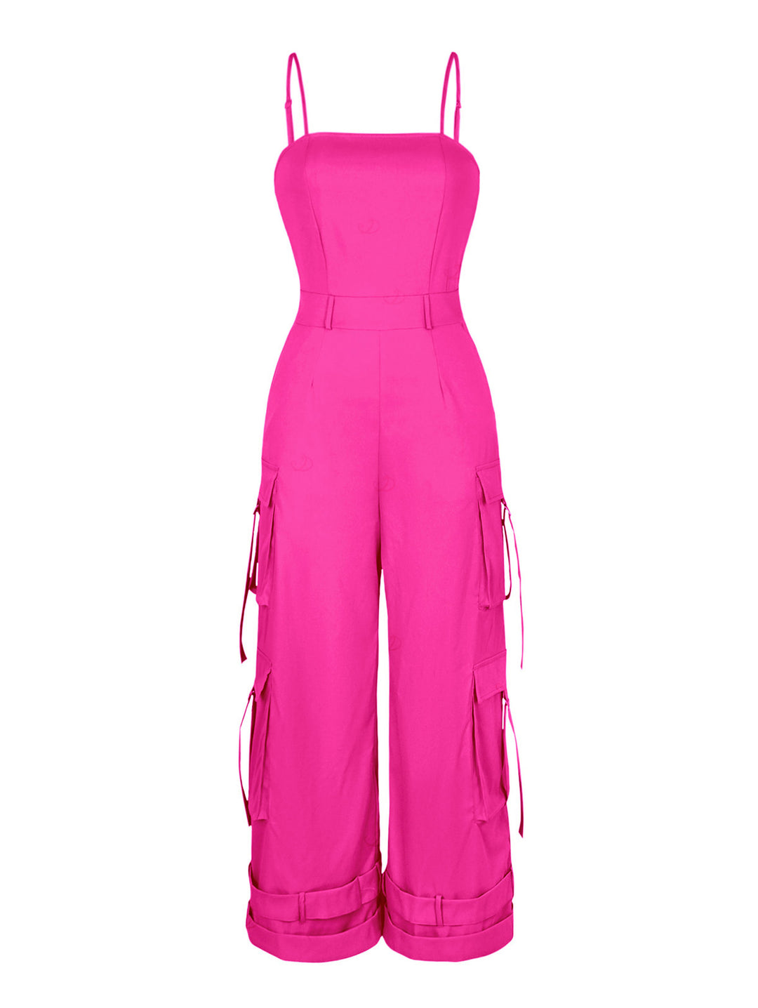 Solid Color Multi-pockets Spaghetti Strap Casual Cargo Jumpsuit