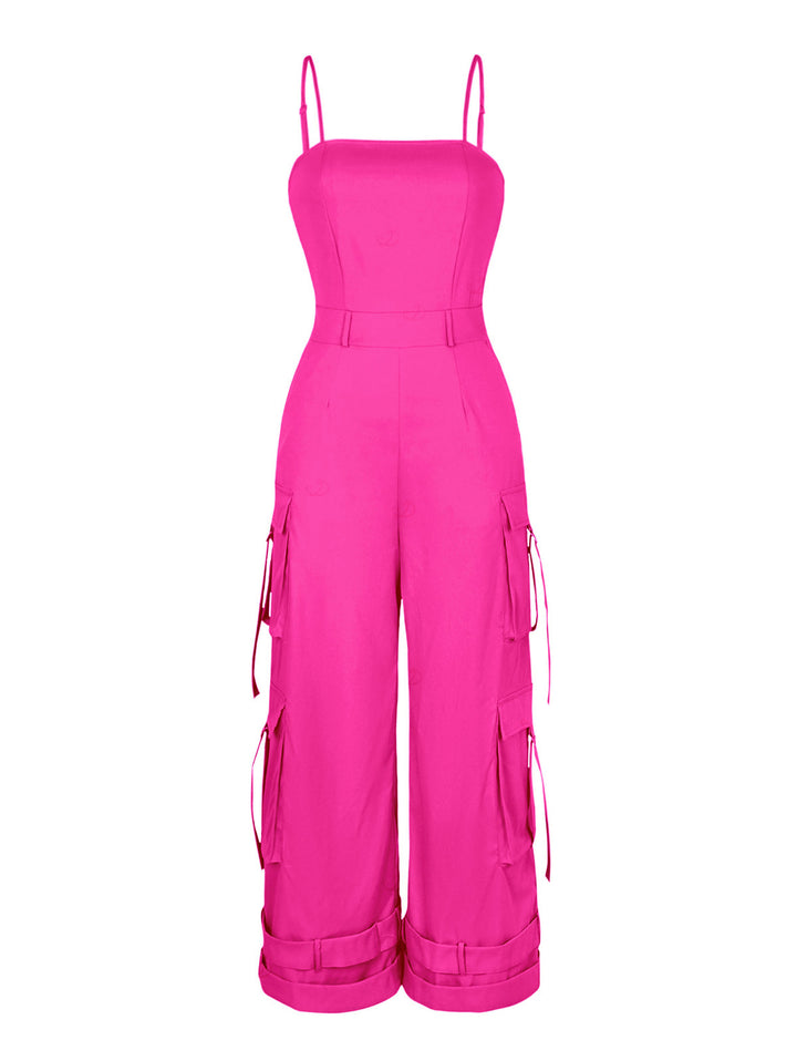 Solid Color Multi-pockets Spaghetti Strap Casual Cargo Jumpsuit