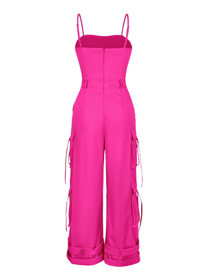 Solid Color Multi-pockets Spaghetti Strap Casual Cargo Jumpsuit
