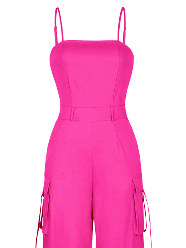 Solid Color Multi-pockets Spaghetti Strap Casual Cargo Jumpsuit