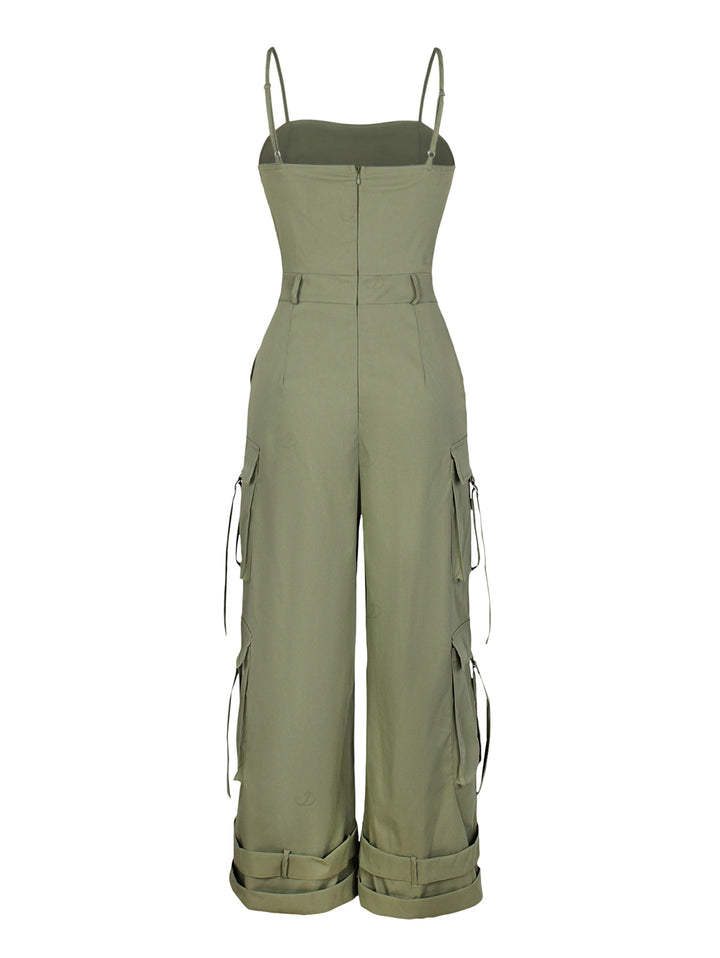 Solid Color Multi-pockets Spaghetti Strap Casual Cargo Jumpsuit